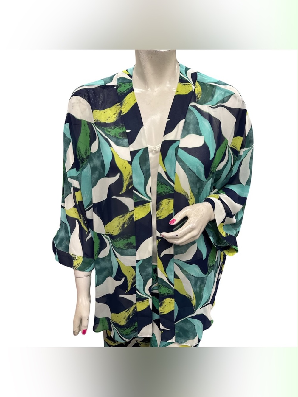 Laura NWT Open-Front Printed Cardigan in Teal & Navy Size 3X